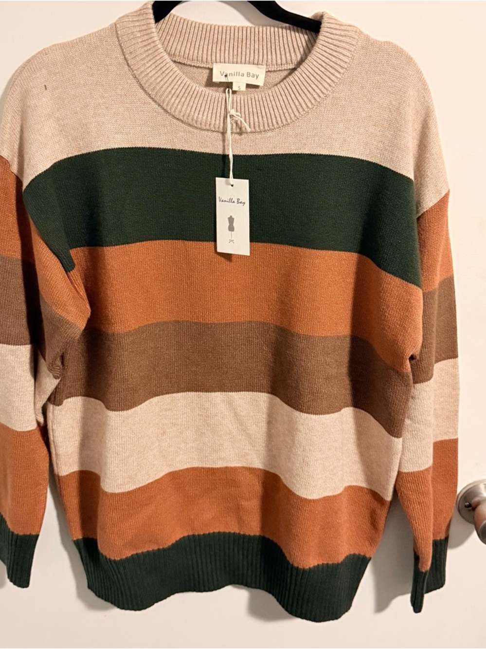 Vanilla Bay Colorblock Striped Knit Sweater in Cream, Green & Rust